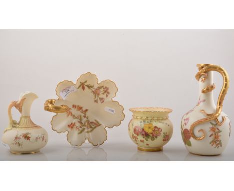Royal Worcester jug shape vase, date mark for 1888, with a lizard handle, floral decoration on an ivory coloured ground, 19cm