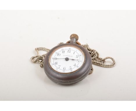 Gun metal fob watch, white enamel dial, signed La Merveille, cast white metal panel to the back, keyless lever movement, 4cm 