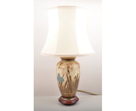 Satsuma style shouldered vase, serving as a lamp base, complete with shade, 55cm overall and another, similar, (2).