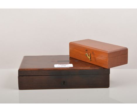 Geometry set in a stained rosewood case, width 19cm, a set of metric weights in a mahogany case and a Victorian box, (3).