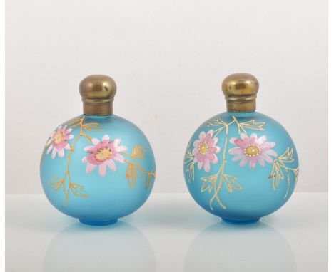 Pair of blue tinted satin glass scent bottles, enamel decoration, 10cm, cut glass toilet jar with a silver mount, cut glass c