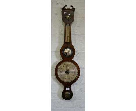 Victorian mahogany banjo shape wall barometer, a.f no glass, silvered dial, thermometer over, 93cm.