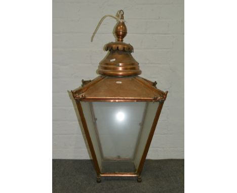 Old oxidised copper hall lantern, square section, height 82cm.
