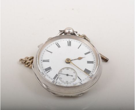 Victorian silver pocket watch, Chester 1893, white enamel dial with subsidiary second dial, key wind lever movement on a whit