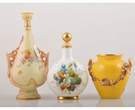 Royal Worcester "Persian" bottle vase, date mark for 1903, twin scrolled handles, floral decoration on a blush ground, no. 98