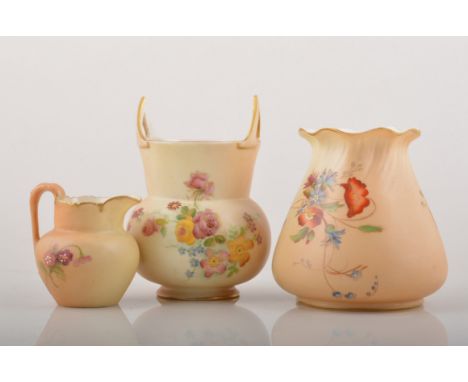 Royal Worcester pail shape posy vase, 1907, floral decoration on a blush ground no. 867, 10cm, a small Royal Worcester jug G1