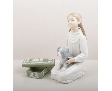 Nao figure of a Girl with a Puppy, 19cm, a Nao group of three geese, two Hummel figures, blue Jasperware and other items.