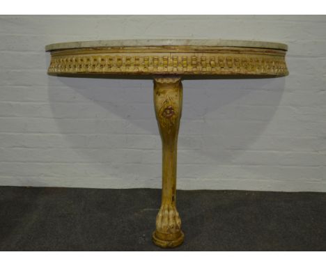 Stained pine demi lune console table, with a marble slab, inverted dog tooth frieze and a lion paw mono pod, width 120cm.