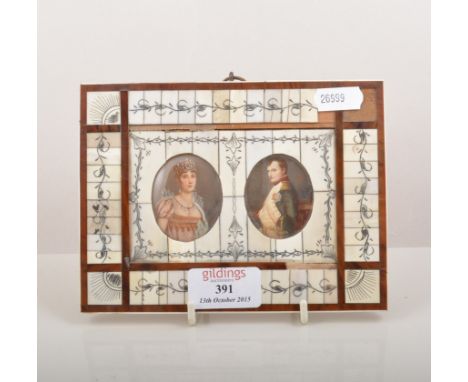 Pair of reproduction oval portrait miniatures, Napoleon and Josaphine in a segmented, 16cm overall.
