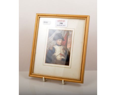 Oval portrait miniature, Emperor Napoleon, painted over a print foundation, lacquered frame, 13cm x 10cm overall and a Baxter