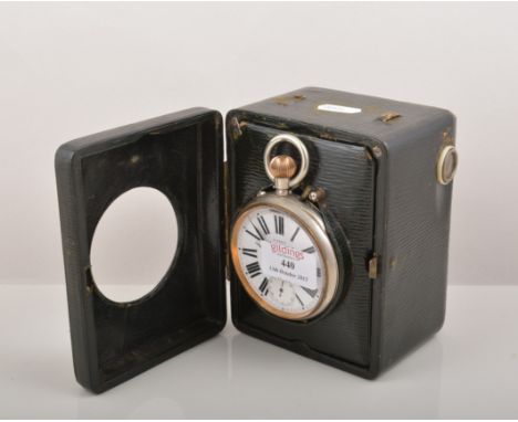 Nickel plated Goliath pocket watch, white enamel signed Vickery, 181 and 183 Regent Street, London, subsidiary second dial, k
