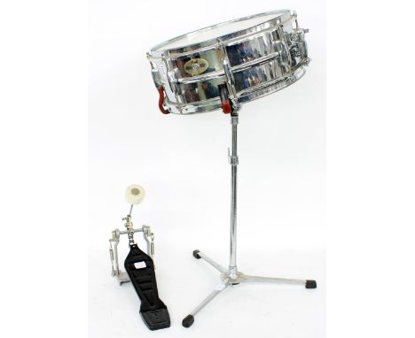 Pearl mirror chrome steel shell snare drum, with two sticks, stand and pedal 