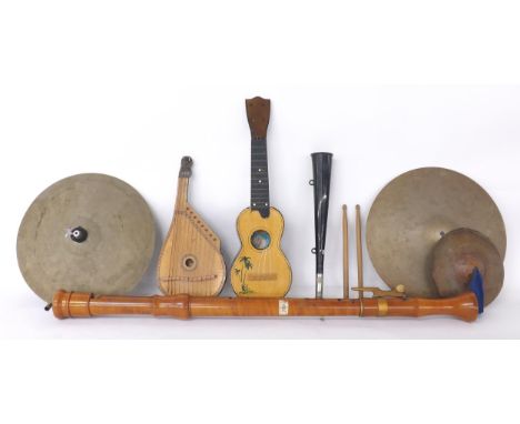 Collection of various instruments including a bass recorder, single horn, ukulele, small bandora, two hi-hat cymbals etc 