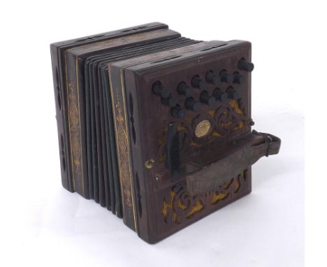 Rare mid 19th century square concertina by and bearing the paper label of Henry Harley, 'Improved' Model, with twenty-six ebo