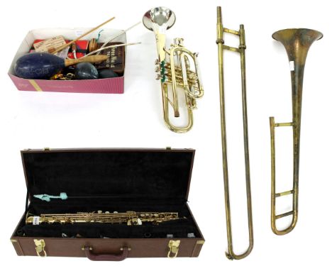 Mitello gold lacquered soprano straight saxophone, with crook and mouthpiece; also an Invicta cornet and a Boosey &amp; Hawke