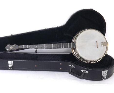 John Grey five string Benares Model banjo,&nbsp;with decorative etched brass resonator and pot, with mother of pearl dot inla