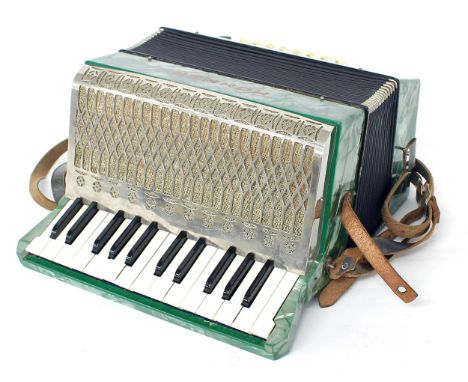 Hohner Imperial II small twenty-four button piano accordion, green marble finish, case 
