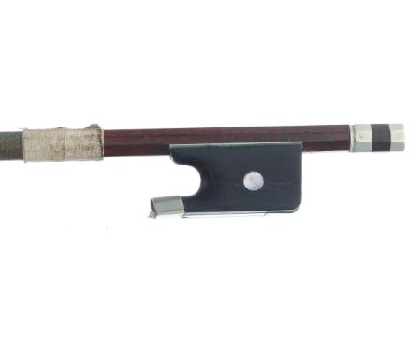 Nickel mounted viola bow stamped Bausch, the stick round, the ebony frog inlaid with pearl eyes and the ebony adjuster with t