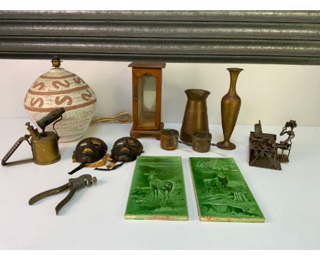 Brassware, Eclipse No.77 Saw Set, Pair of Fireplace Tiles - Stags, Metal Masks and Lamp Base etc 