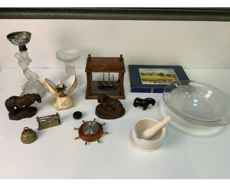 Pestle and Mortar, Model Ship, Brass and Unused Table Mats etc 