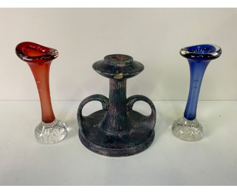 Morris Ware - Candlestick and 2x Glass Spill Vases 