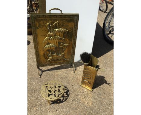 Brass Fire Screen, Tools and Trivet 