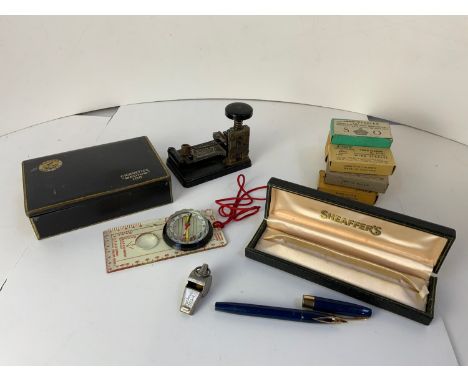Sheaffer's Pen in Case, Vintage Brinco Wire Stapler and Staples and Acme Whistle etc 