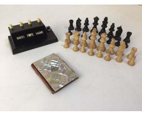 Complete Wooden Chess Pieces, Vintage Desk Calendar (Working) and Mother of Pearl Aid Memoir 