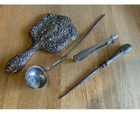 Silver Items - Hand Mirror, Ladle and Tongs etc 