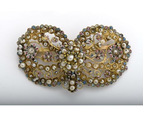 A brooch "Bow", gold, decorated with polychrome enamels, application of natural pearls (not tested), Spanish, 17th C. (2nd ha