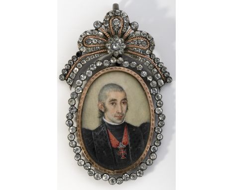 Portrait of a Knight of the Order of Christ, painted ivory miniature, gold rim, silver frame set with «Minas Novas» (quartz),