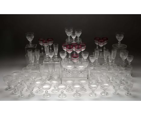 Glassware for twelve people, crystal from the St. Louis Factory, «diamond point» cut decoration, 12 water glasses, 12 red win