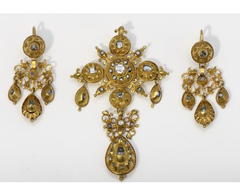 A "Cross" pendant and a pair of earrings, gold, set with rose cut and table cut diamonds, Portuguese, 18th C., signs of use, 
