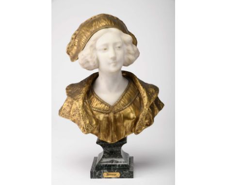 "Hermine", alabaster and gilt bronze sculpture, green marble base, Italian, 20th C. (1st quarter), metal trade label from REI