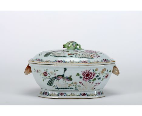 A polyfaced tureen, Chinese export porcelain, polychrome and gilt decoration "Peacocks", carved handles "Boar's heads", carve