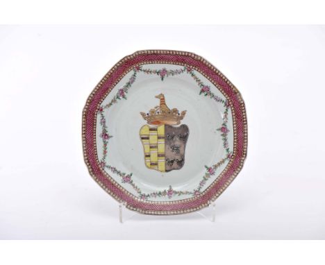 An octagonal plate, Chinese export porcelain, polychrome and gilt decoration with coat of arms of Sebastião Xavier da Gama Lo