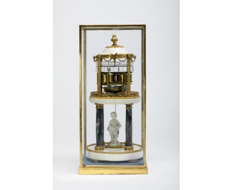 A "Temple" clock, white and gray marble structure, gilt brass mounts, Biscuit sculpture "Putto", double rotating dial, black 