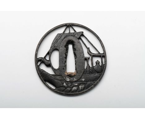 A Tsuba (sword guard), Namban Art, iron, pierced decoration en relief "Chinese junk with Christian cross", nippo-portuguese -