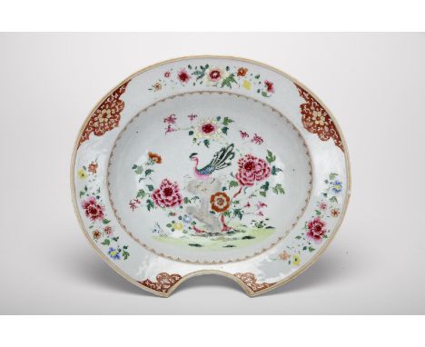 A shaving basin, Chinese export porcelain, polychrome decoration "Peacock and flowers", back of the flap with rouge-de-fer an