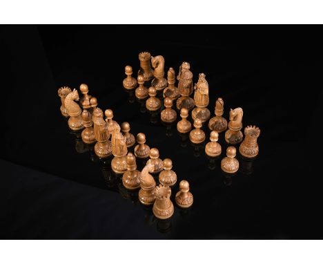 Chess pieces - Turkic army against European army, carved wood, Austrian, 19th C. (early), small signs of use. Notes: belonged