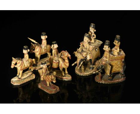 Six chess pieces - white bishops, knights and rooks, carved, painted and gilt ivory, Indian - Rajasthan, 19th C., minor fault