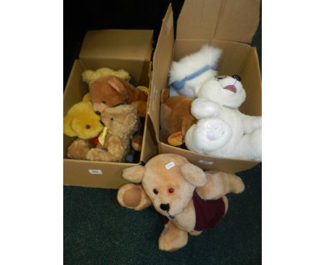 Two boxes of soft toys to include Chad Valley Teddy Edward and various other teddybears