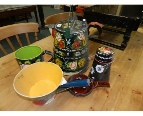 A barge ware painted metal kettle, saucepans etc.