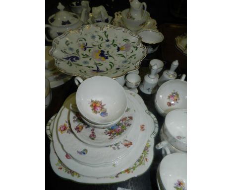 A group of Coalport items, to include a pedestal dish in 'Pageant' pattern, a blue and white 'bat wing' pattern teapot with m