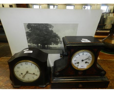An ebonised Victorian 8 day mantle clock along with an early 20th century Smith's mantel clock and an unframed print.*