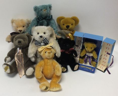 A group of eight Merrythought bears, all with labels and appropriate tags, to include an Alpha Farnell bear in rare turquoise