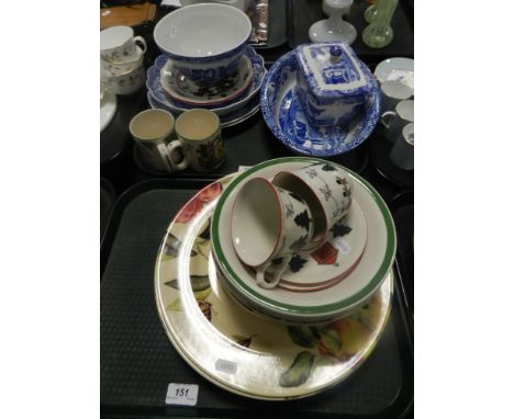 A quantity of ceramics, to include a blue and white Spode butter dish and cover, vegetable dish, pudding bowl, etc along with