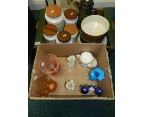 Two boxes containing household storage jars, crackle glass vases, a pair of Royal Worcester parian vases (damaged), Hornsea k