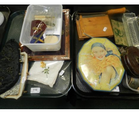 Two vintage purses, an embroidered handkerchief, a group of metal jacket clasps, vintage tins (brands to include Roter, Gee's