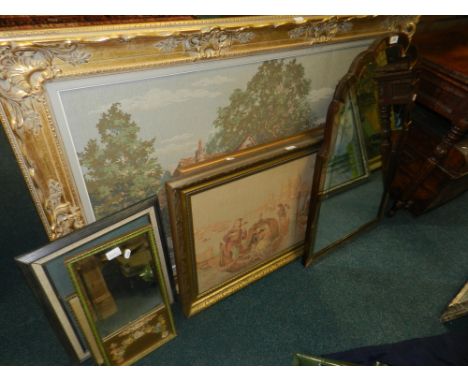 A large modern tapestry picture of a horse and cart on a country lane within gilt frame, two smaller tapestry gilt frame pict